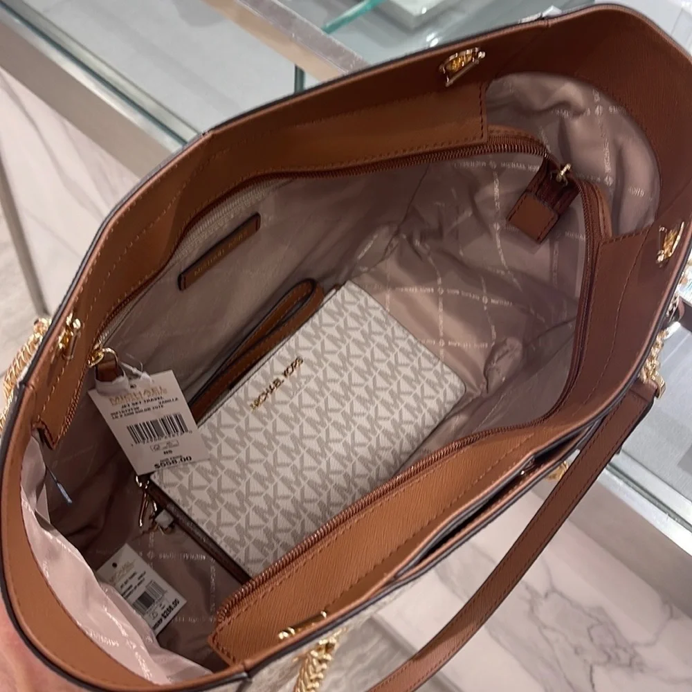 MICHAEL KORS LARGE X CHAIN SHOULDER TOTE  &  LARGE DOUBLE ZIP WALLET WRISTLET